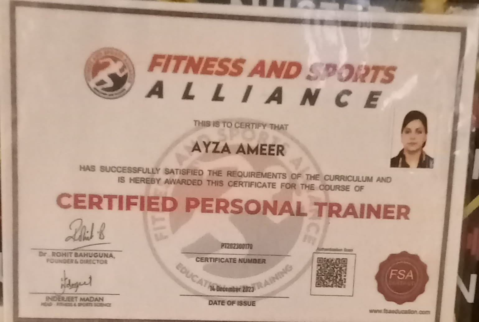 FSA Education — Certified Personal Trainer certificate, PT202300170